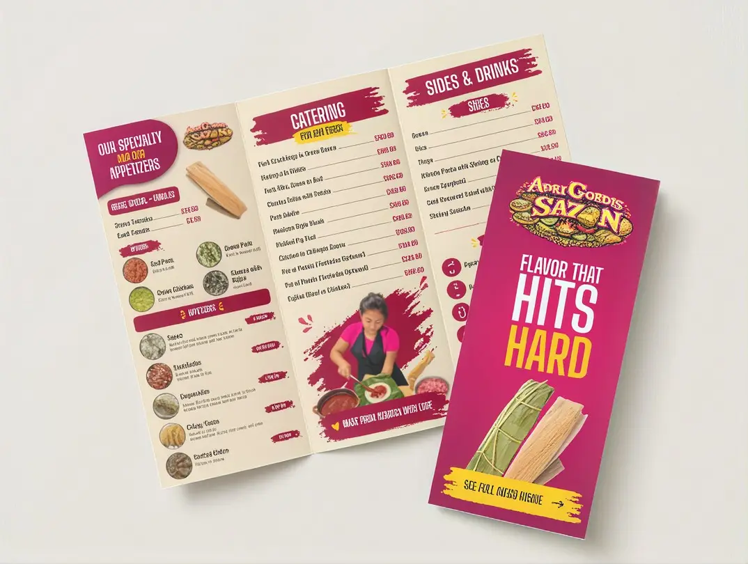 AdriGordis Sazon tri-fold brochure flat-lay